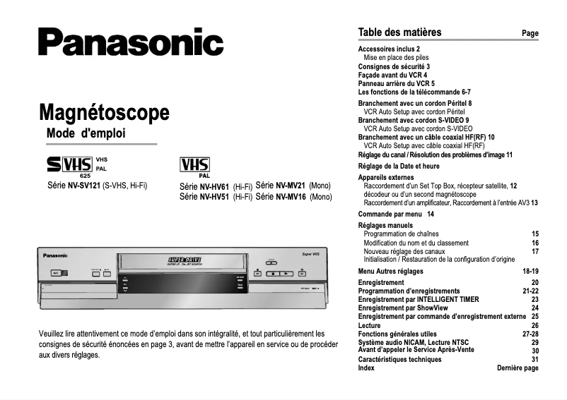Page 1 de la notice Manuel utilisateur Panasonic NV-MV16S