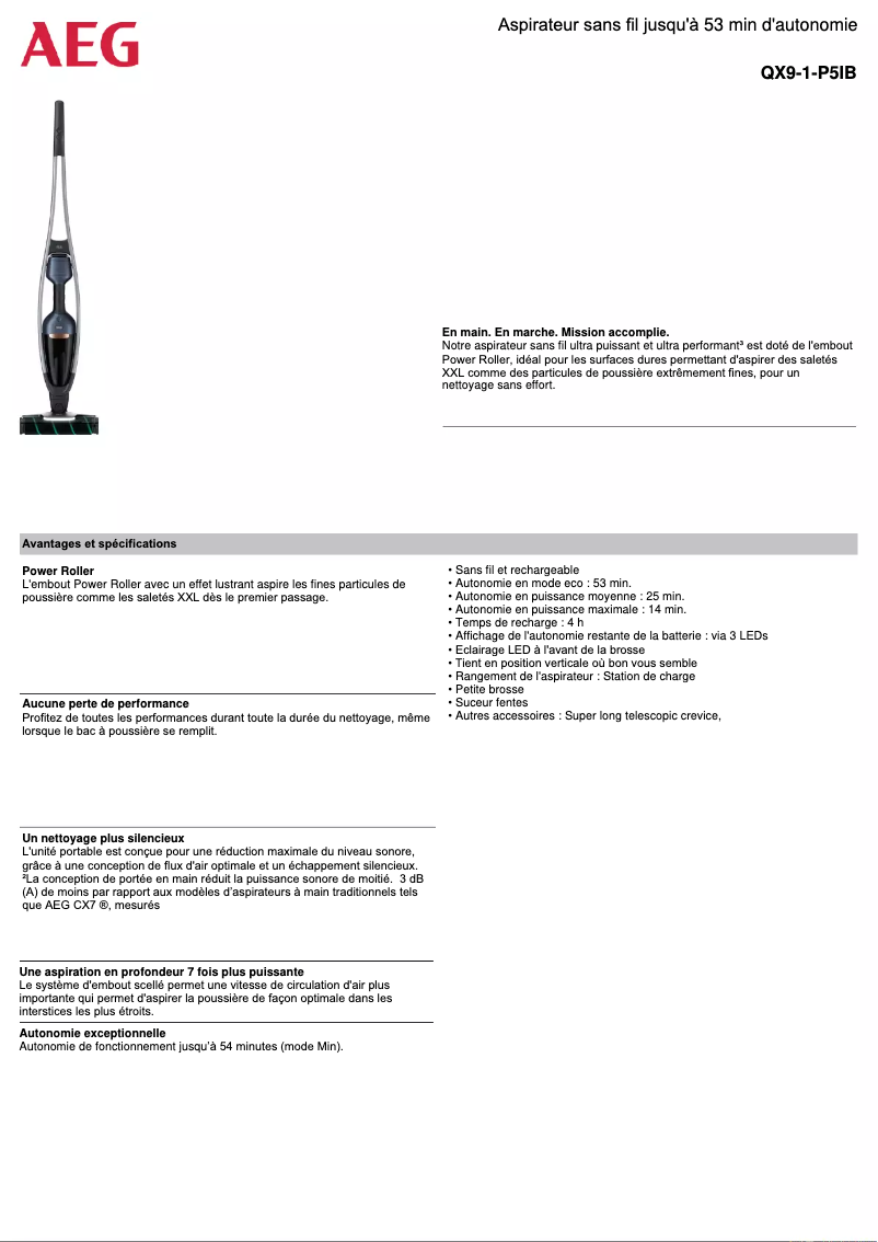 Page 1 de la notice Fiche technique AEG QX9-1-P5IB