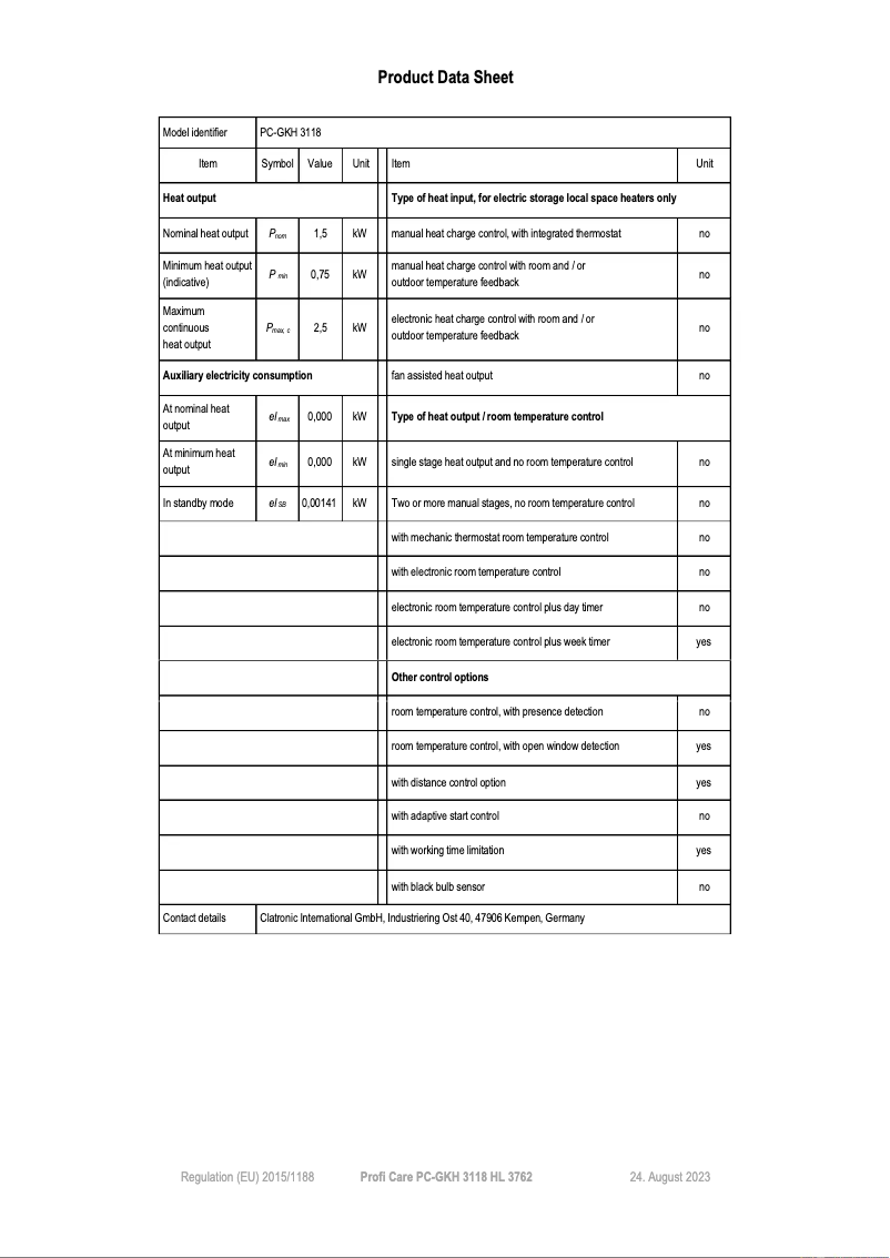 Page 1 de la notice Fiche technique ProfiCare PC-GKH 3118