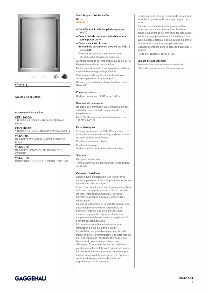 Page 1 of the manual Technical Sheet Gaggenau VP414115