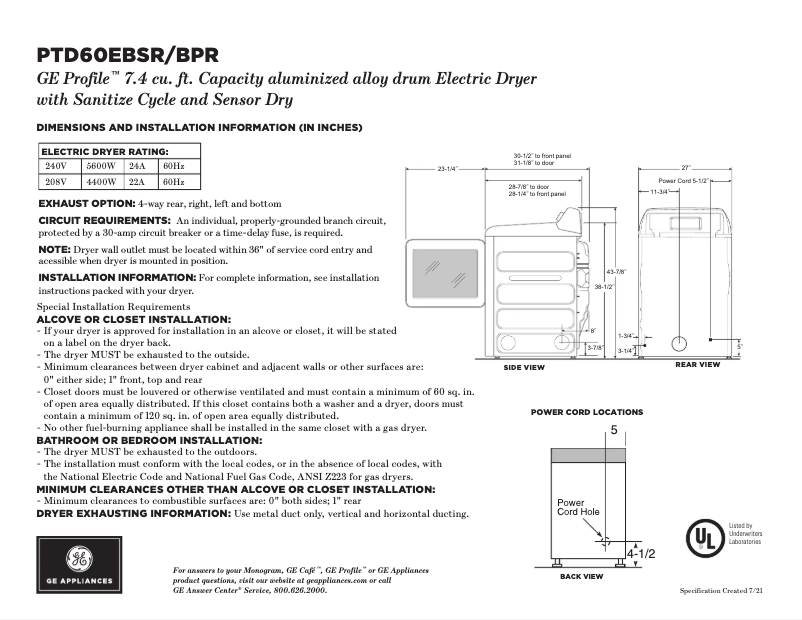 Página 1 del manual Ficha técnica GE Profile PTD60EBSRWS