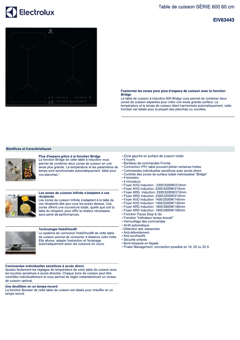 Page 1 de la notice Fiche technique Electrolux EIV63443