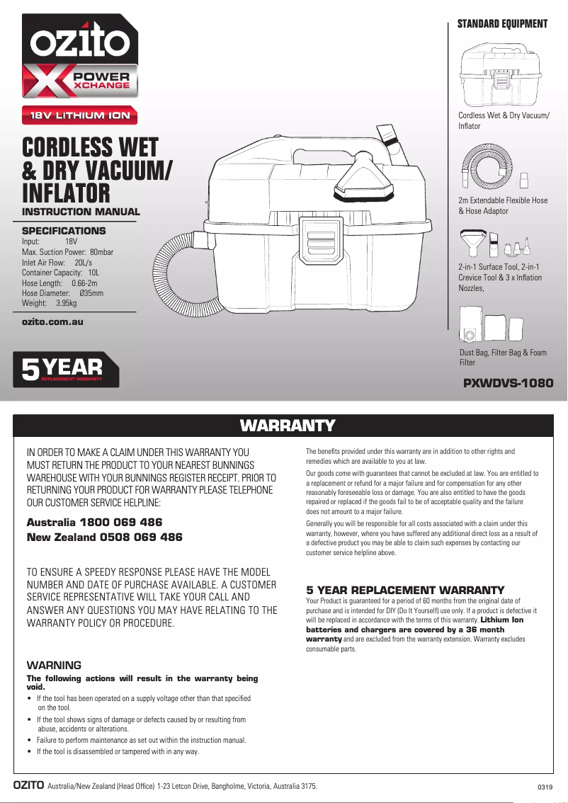 Página 1 del manual Manual de usuario Ozito PXWDVS-1080