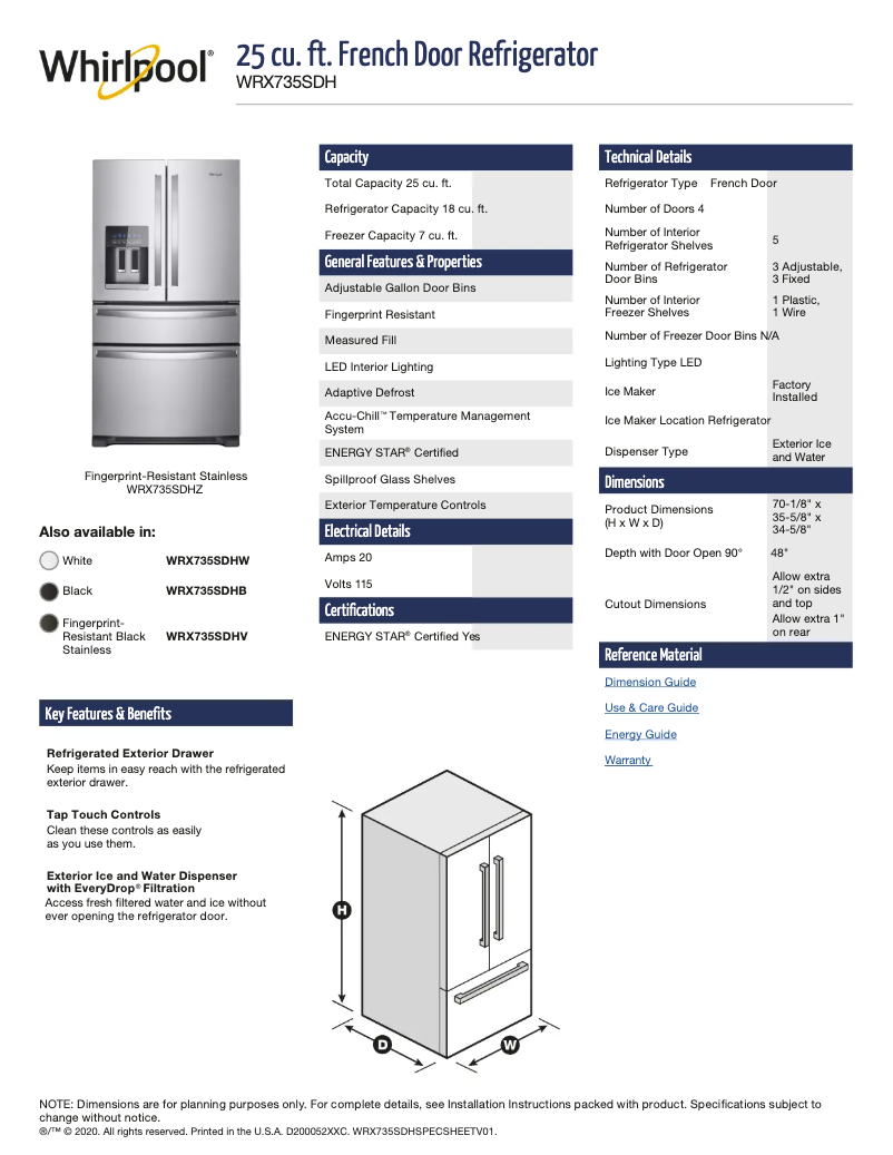 Page 1 of the manual Technical Sheet Whirlpool WRX735SDHB