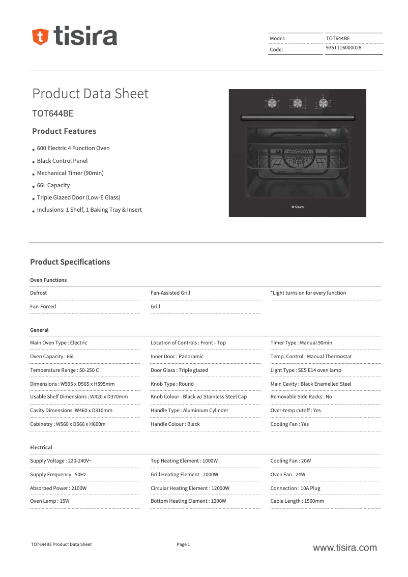 Página 1 del manual Ficha técnica Tisira TOT644BE