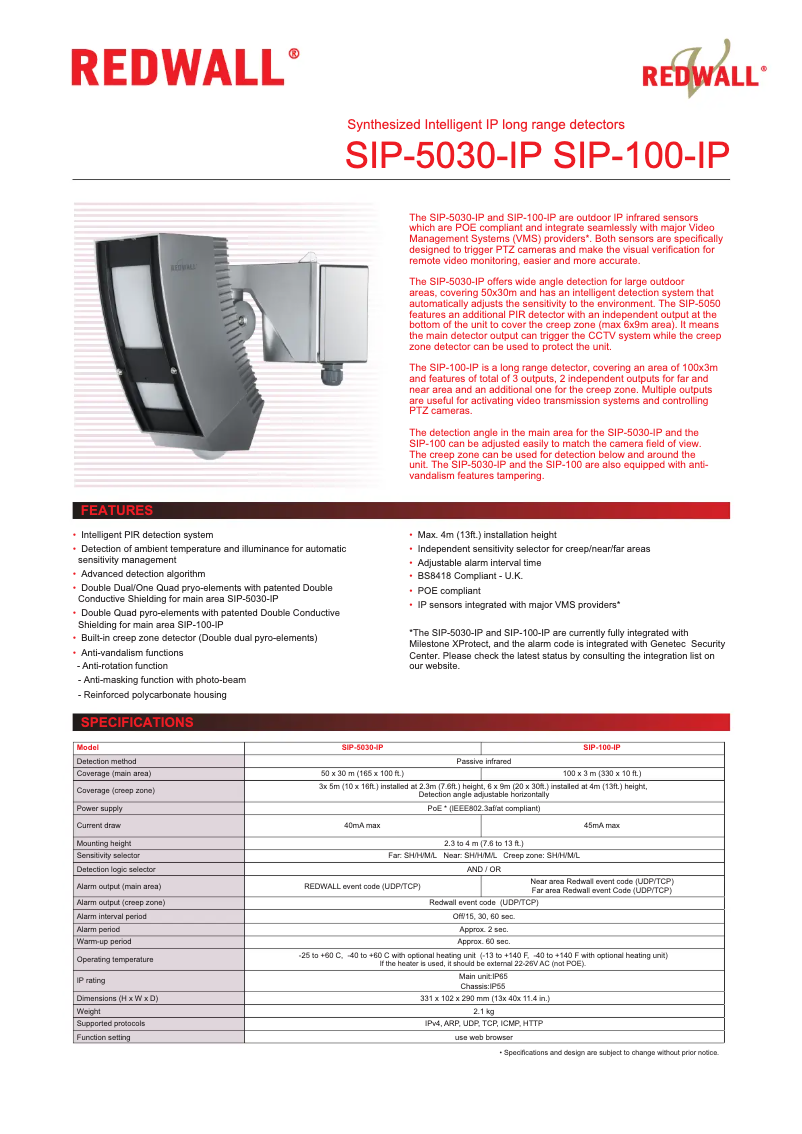 Page 1 de la notice Fiche technique Optex SIP-5030-IP-BOX