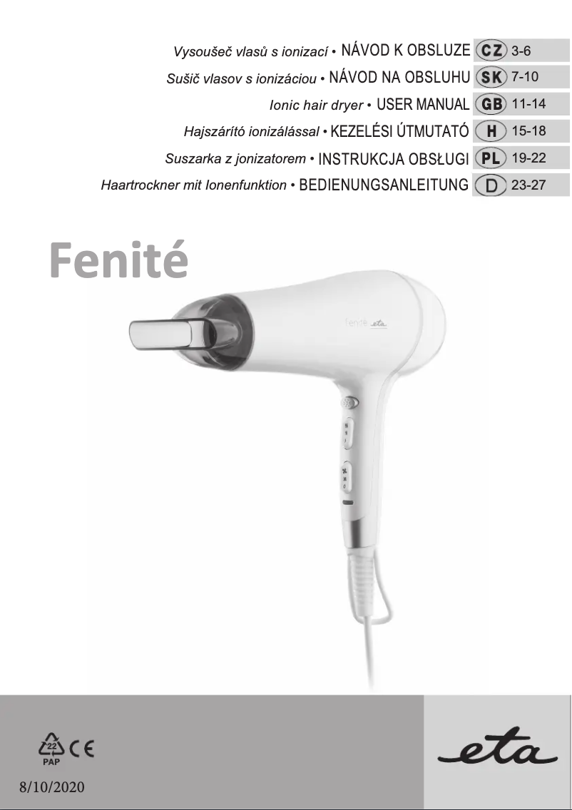 Page 1 de la notice Manuel utilisateur Eta Fenité 7320 90000