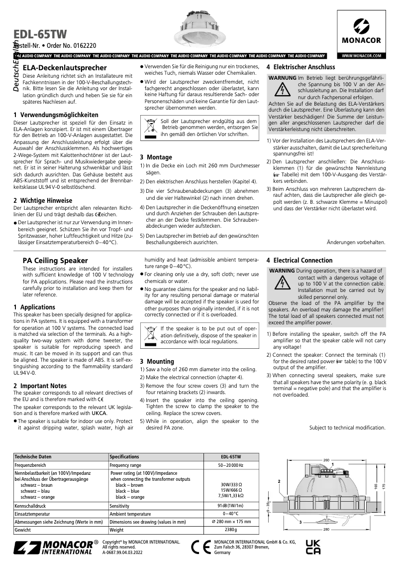 Page 1 de la notice Manuel utilisateur Monacor EDL-65TW