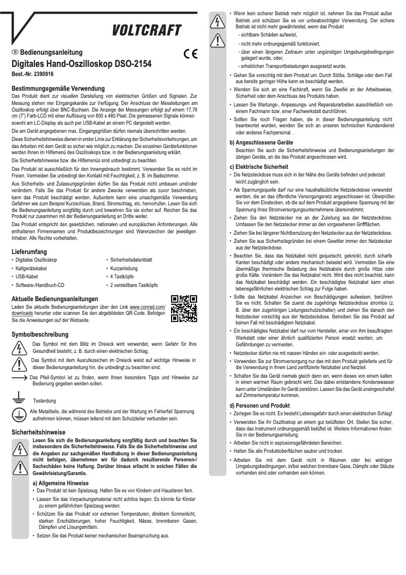 Page 1 de la notice Manuel utilisateur Voltcraft DSO-2154