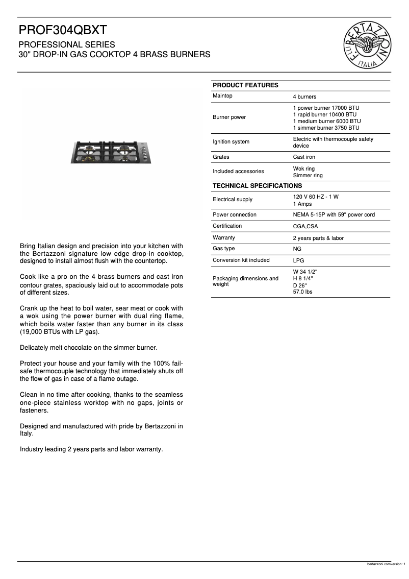 Page 1 de la notice Fiche technique Bertazzoni PROF304QBXT