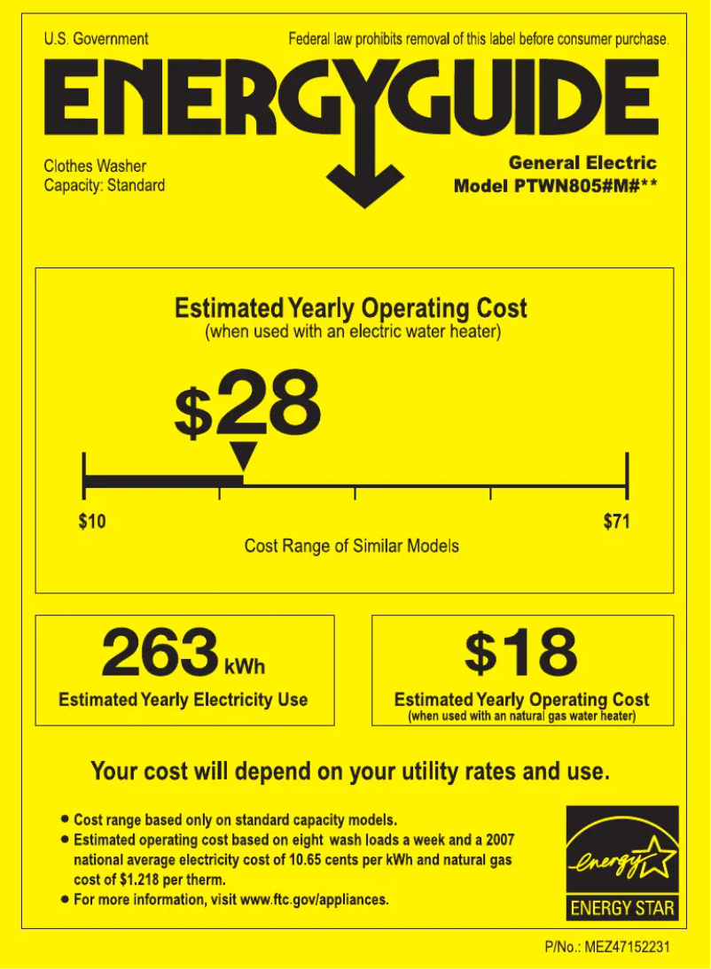 Página 1 del manual Etiqueta energética GE Harmony PTWN8050MWW