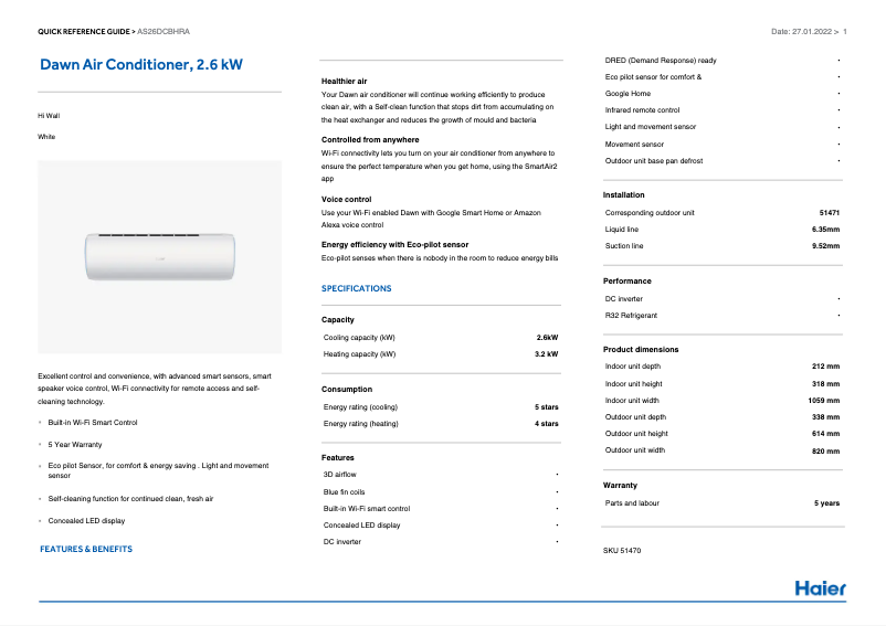 Page 1 de la notice Fiche technique Haier AS26DCBHRA