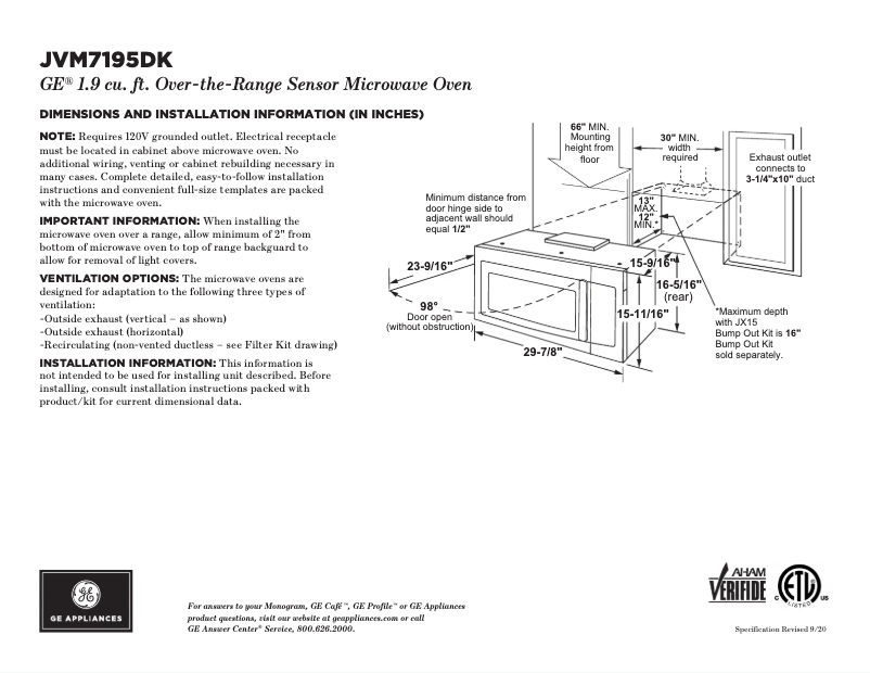 Page 1 of the manual Technical Sheet GE JVM7195DKWW