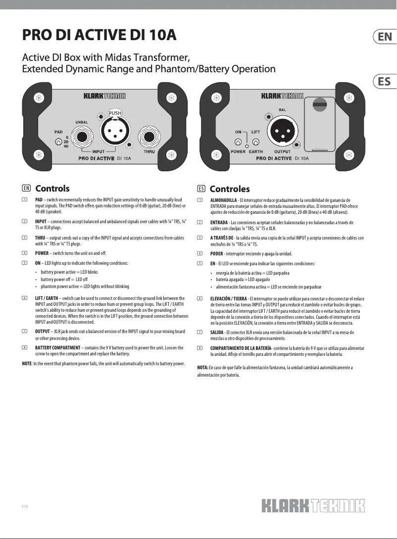 Página 1 del manual Guía de inicio rápido Klark Teknik DI 10A