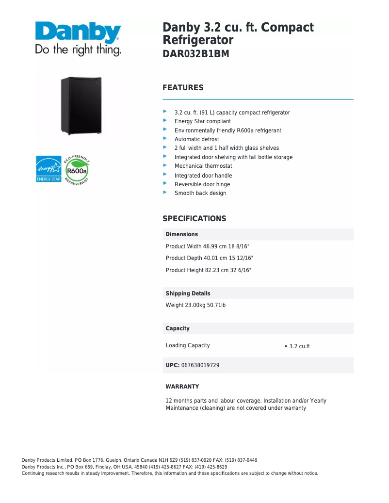 Page 1 de la notice Fiche technique Danby DAR032B1BM