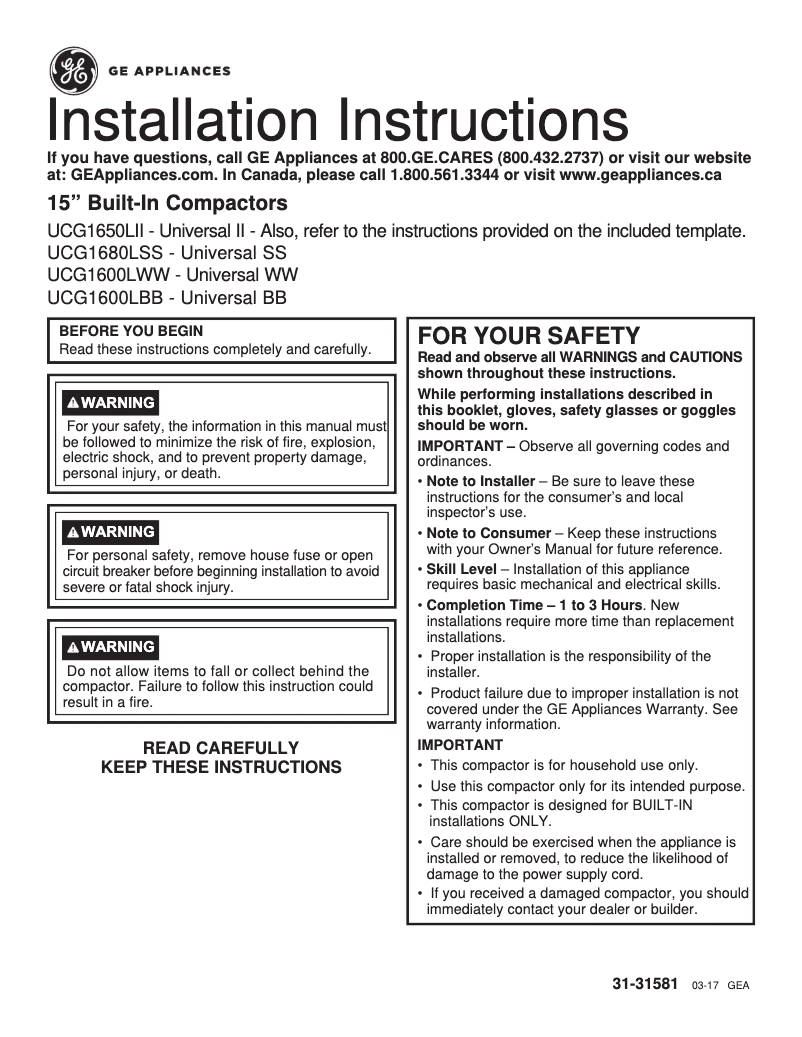 Page 1 de la notice Guide d'installation GE UCG1650LII
