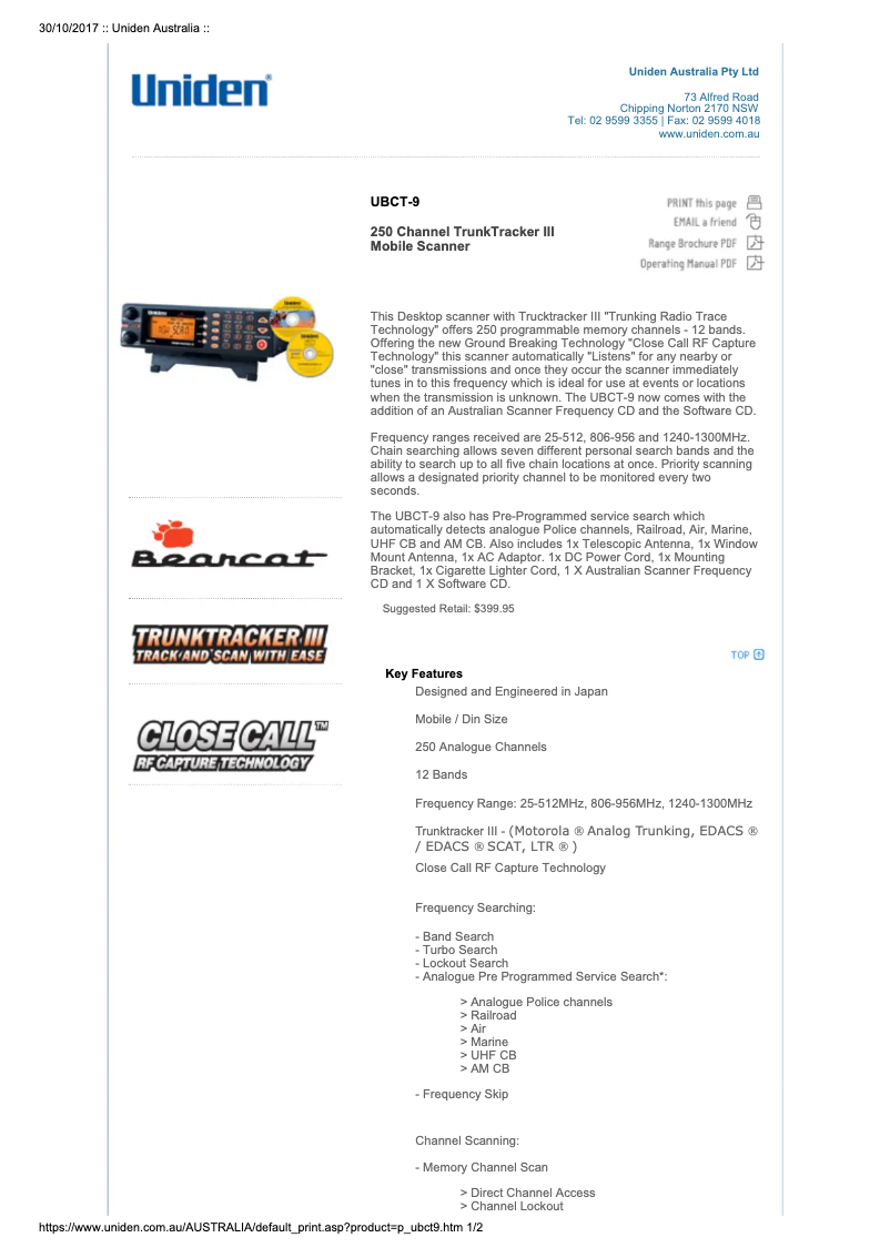 Page 1 of the manual User Manual Uniden UBCT-9