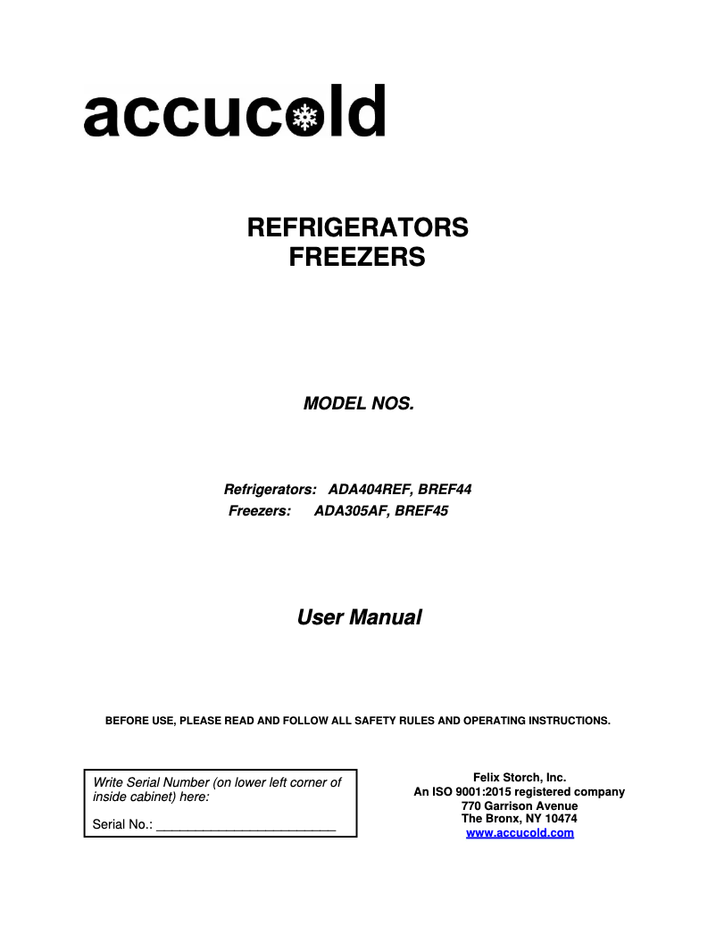 Page 1 de la notice Manuel d'utilisation et d'entretien Accucold ADA404REF