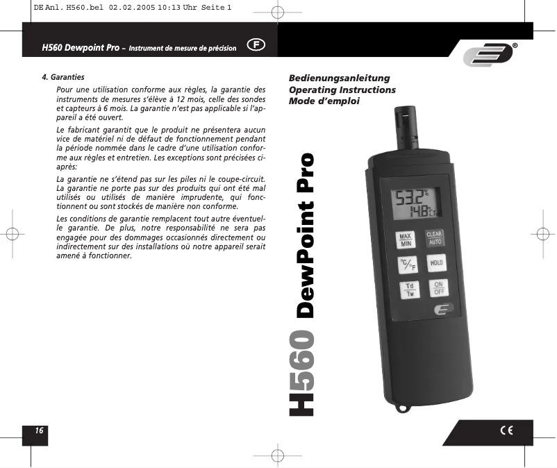 Page 1 de la notice Manuel utilisateur TFA Dewpoint Pro
