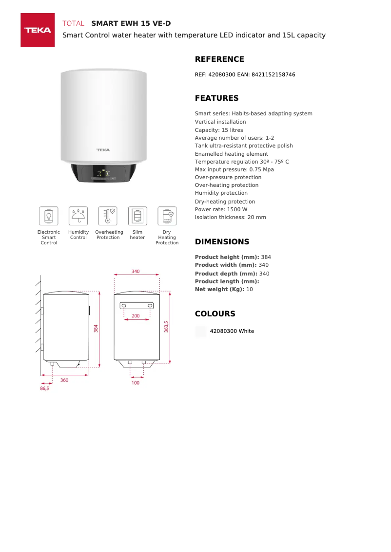 Page 1 de la notice Fiche technique Teka EWH 15 VE-D