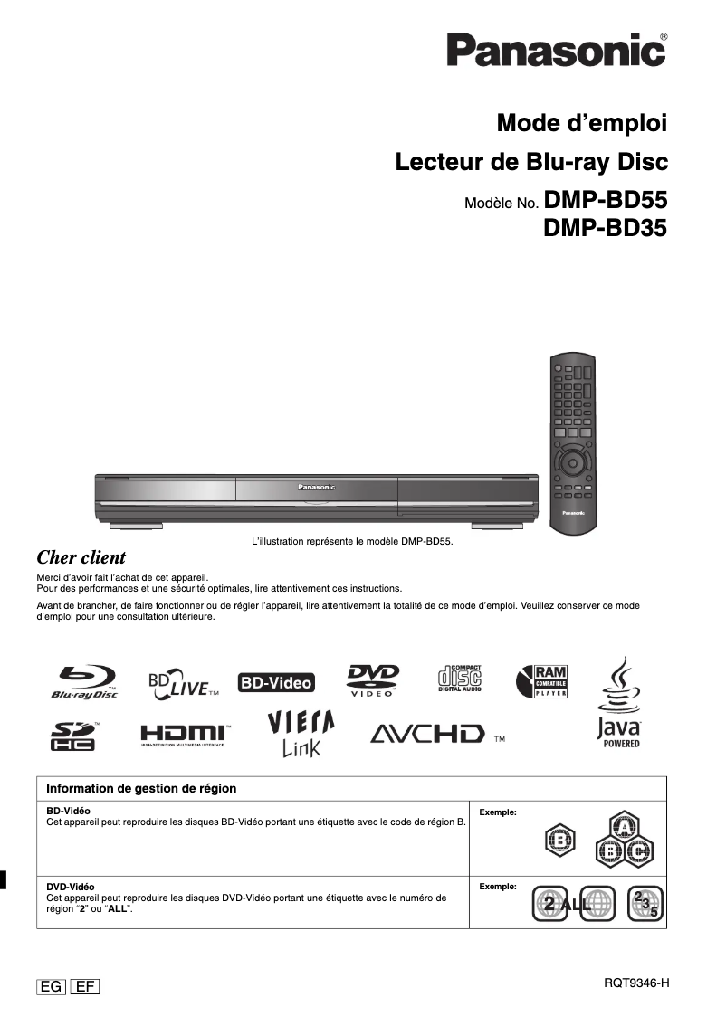 Page 1 de la notice Manuel utilisateur Panasonic DMP-BD35