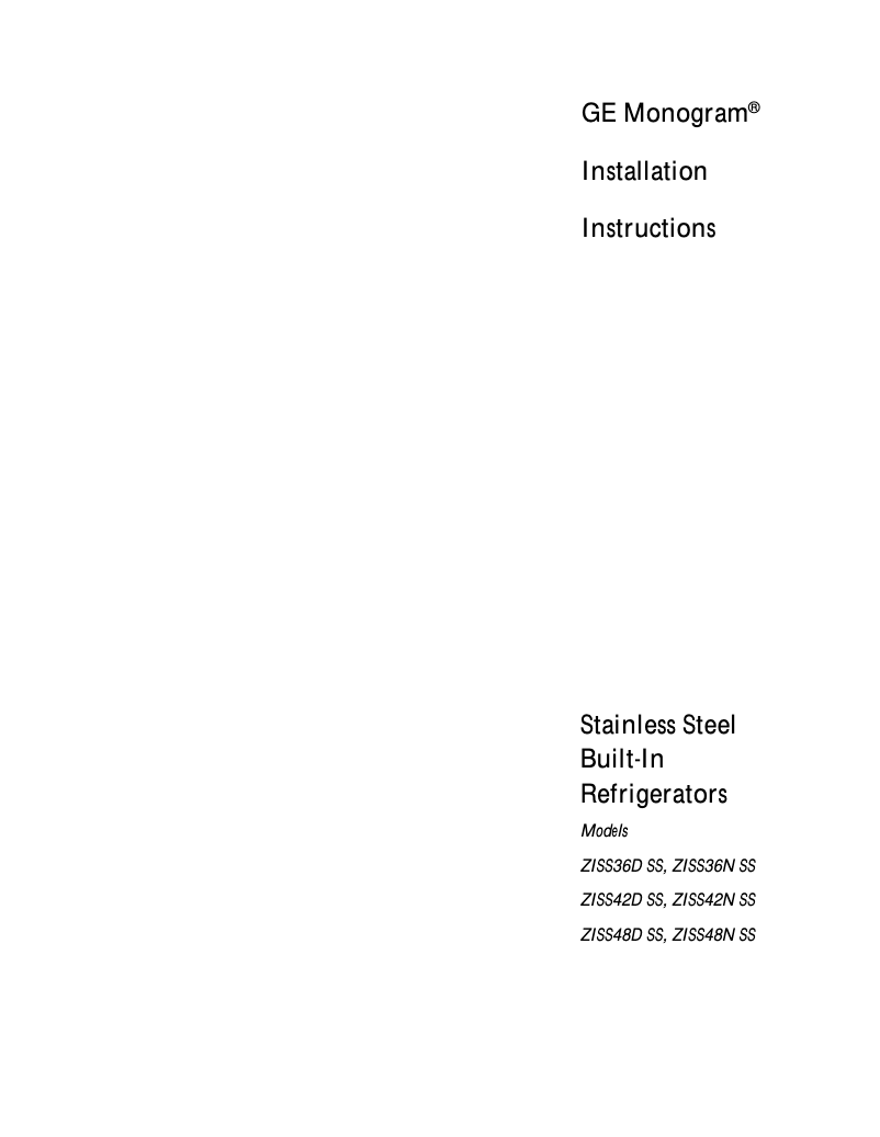 Página 1 del manual Guía de instalación GE ZISS48NCSS