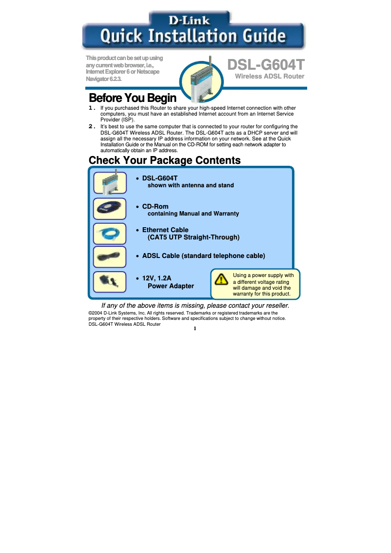 Page 1 de la notice Guide d'installation D-Link DSL-904