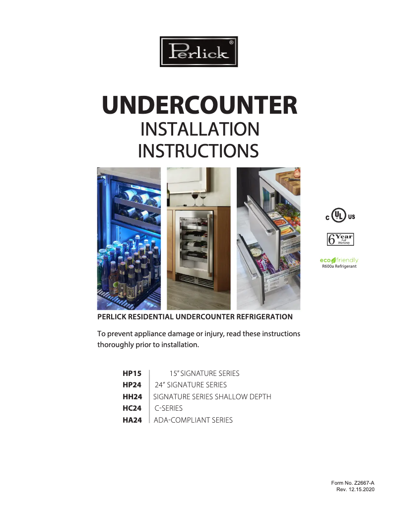 Page 1 de la notice Guide d'installation Perlick HP24TS-4-1L-1