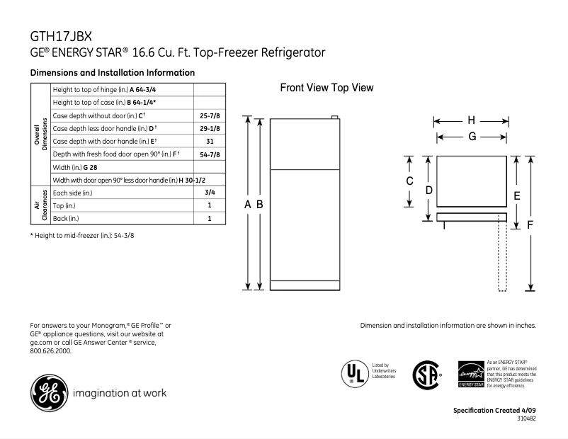 Página 1 del manual Ficha técnica GE GTH17JBXWW