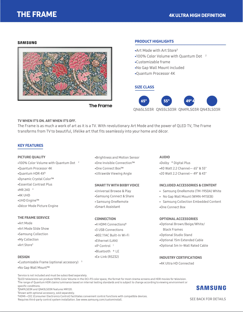 Página 1 del manual Ficha técnica Samsung The Frame QN65LS03RAFXZA