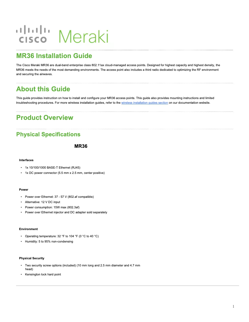 Página 1 del manual Manual de usuario Meraki MR36