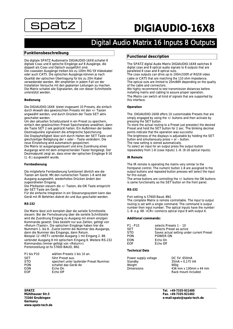 Page 1 of the manual User Manual Spatz DIGIAUDIO-16X8 audio converter DIGIAUDIO-16X8