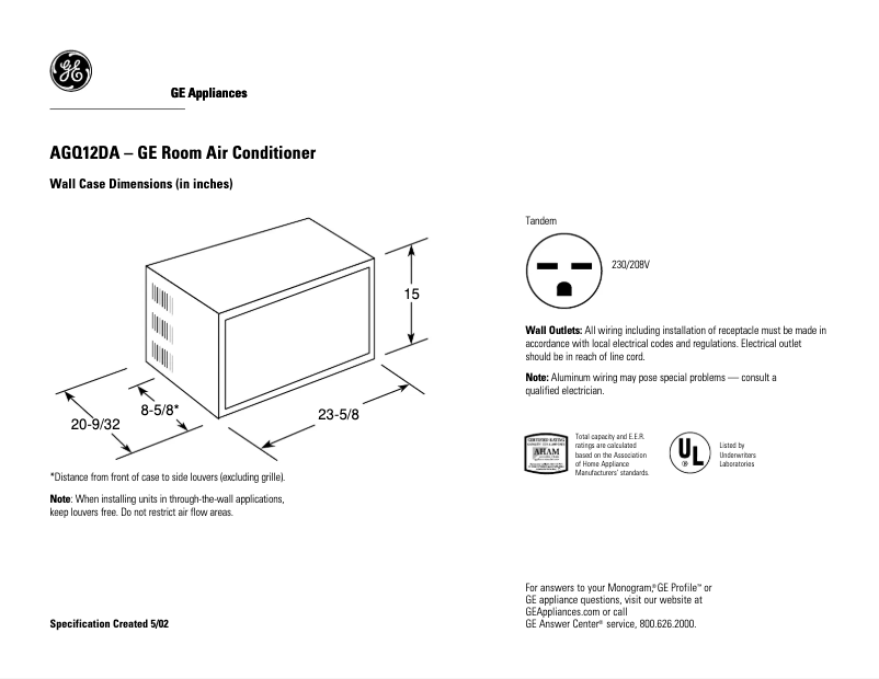 Page 1 de la notice Fiche technique GE AGQ12DA