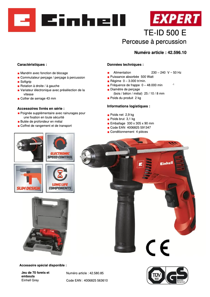 Page 1 de la notice Fiche technique Einhell TE-ID 500 E