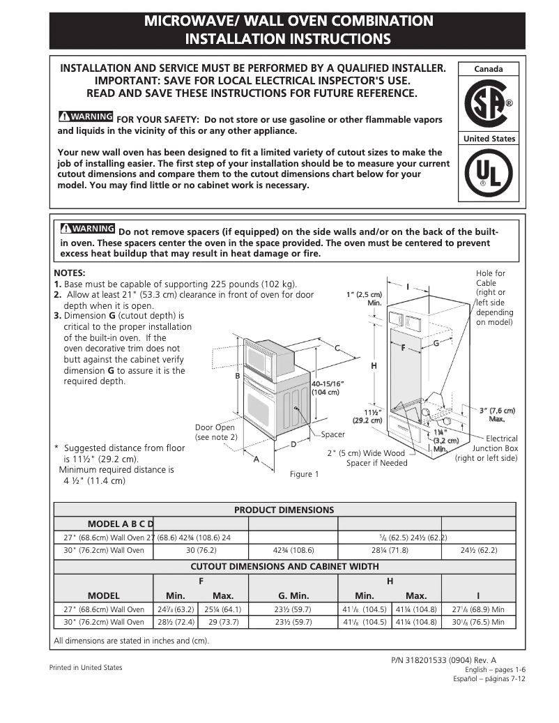 Page 1 de la notice Guide d'installation Frigidaire FGMC2765KW