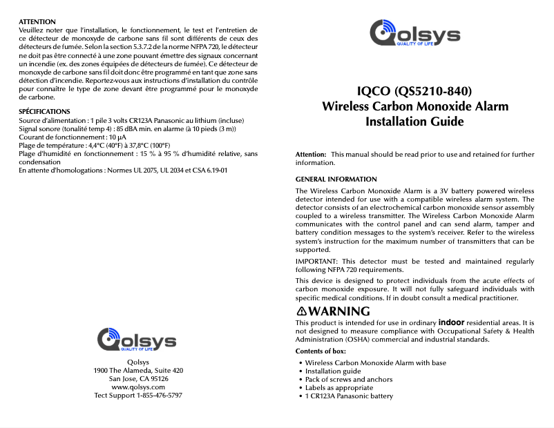Page 1 de la notice Manuel utilisateur Qolsys QS5210-840
