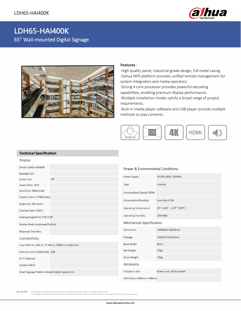 Page 1 de la notice Fiche technique Dahua Technology LDH65-HAI400K