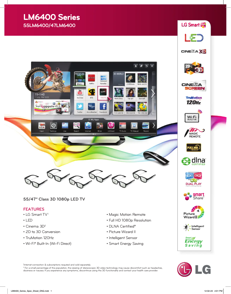 Page 1 de la notice Fiche technique LG 55LM6400