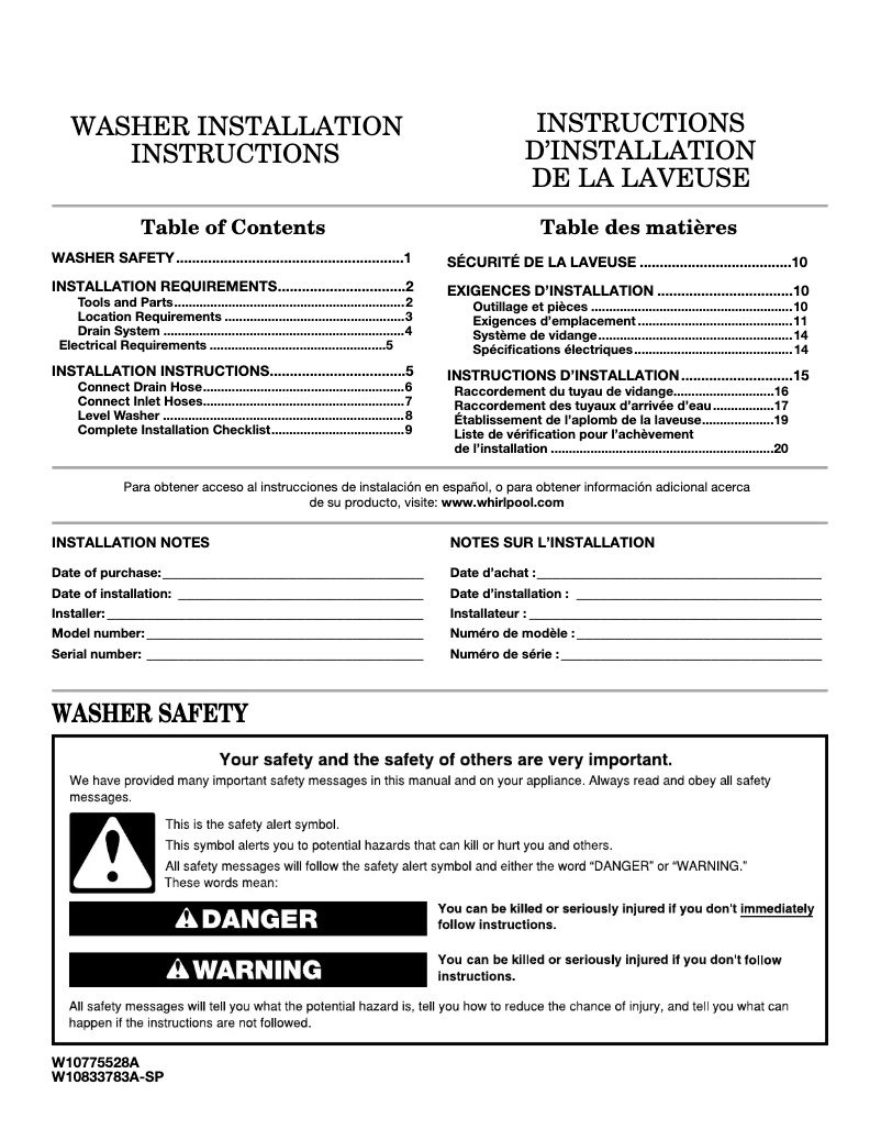 Page 1 de la notice Guide d'installation Whirlpool WFW7590F
