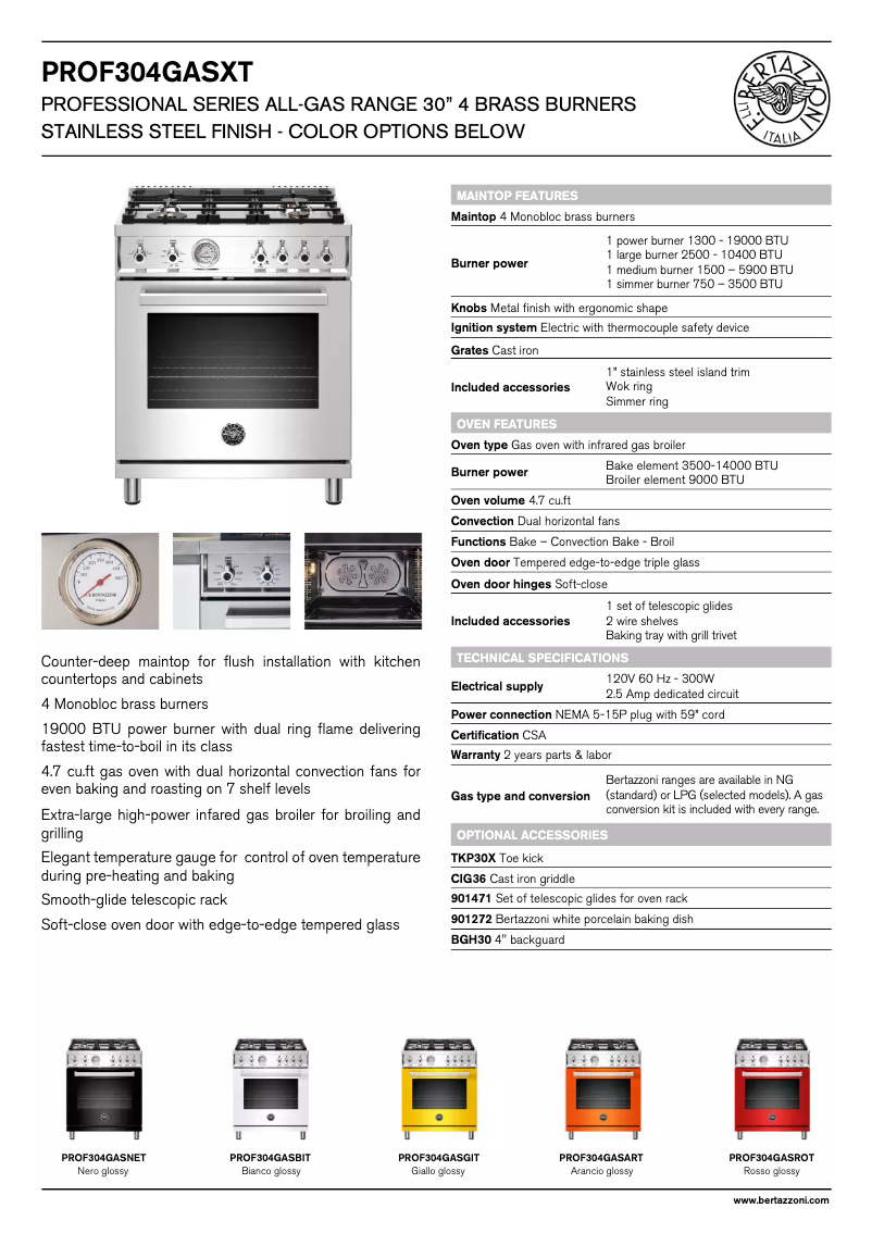 Page 1 de la notice Fiche technique Bertazzoni PROF304GASXT