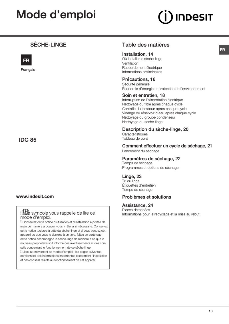 Page n°1 - Mode d'emploi Indesit IDC 85 S (EX)