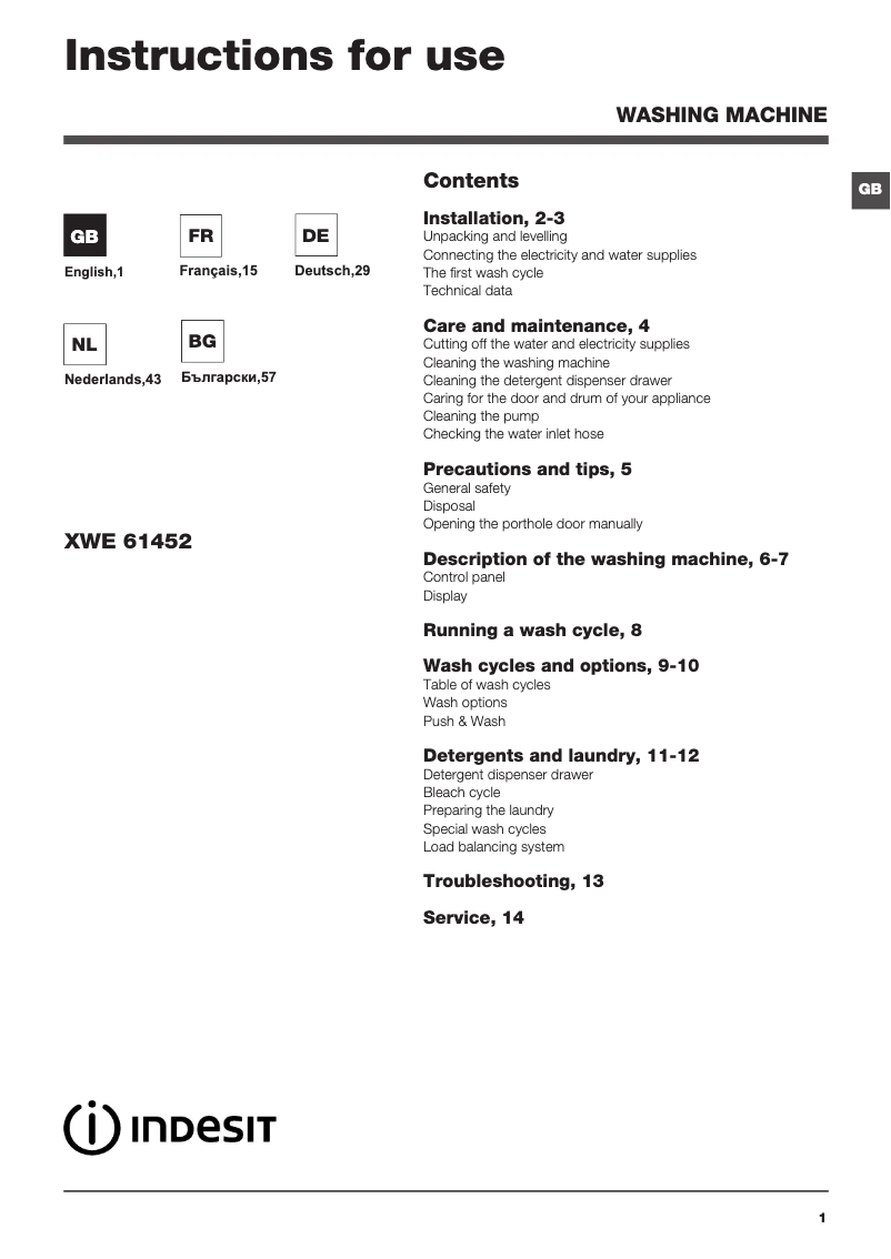 Page n°1 - Manuel utilisateur Indesit XWE 61452 W EU