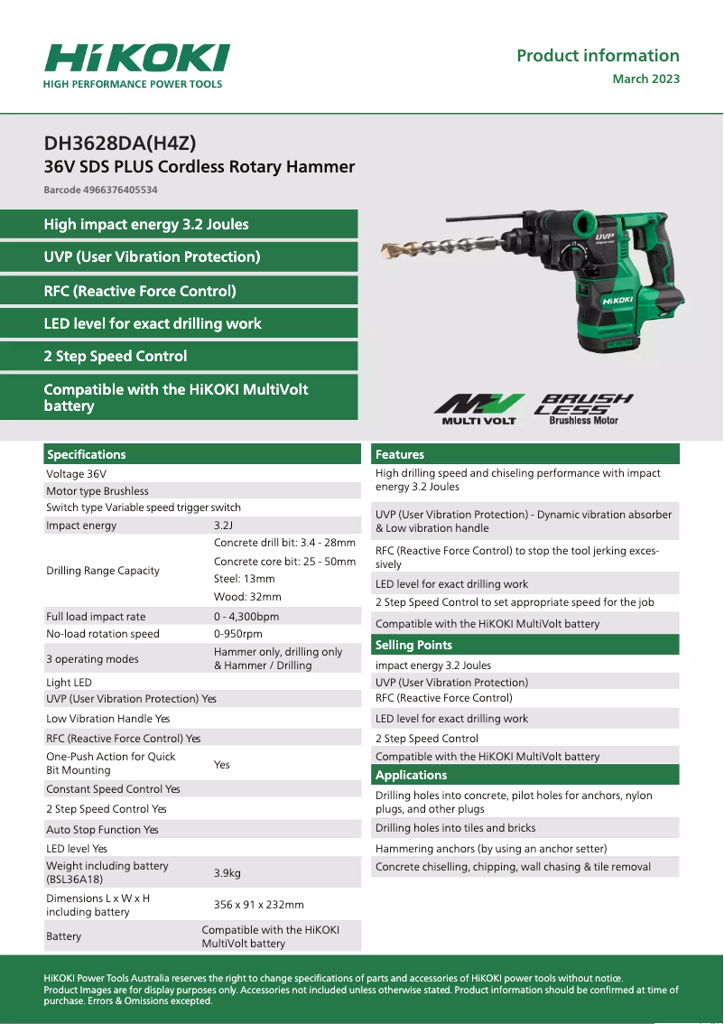 Page 1 de la notice Fiche technique HiKOKI DH3628DA