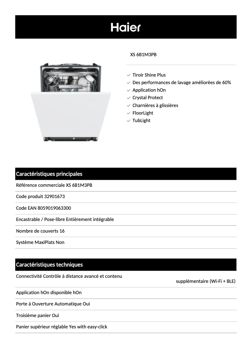 Page 1 de la notice Fiche technique Haier XI 6B0M3PDB