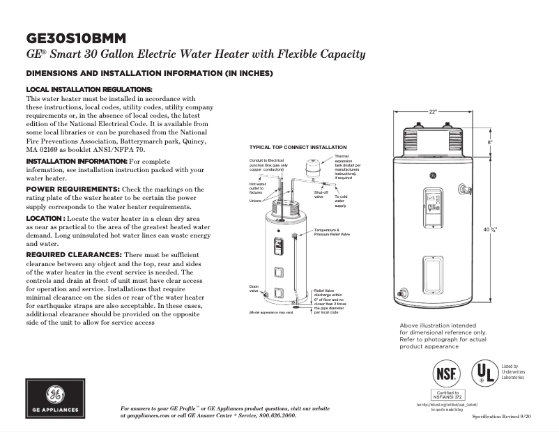 Page 1 de la notice Fiche technique GE GE30S10BMM