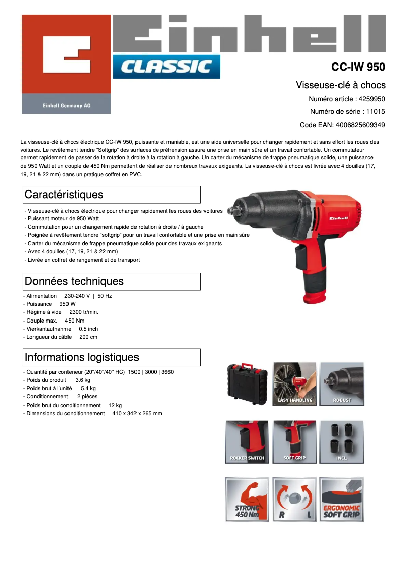 Page 1 de la notice Fiche technique Einhell CC-IW 950