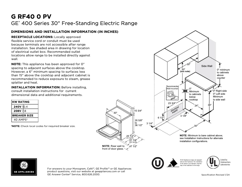 Page 1 de la notice Fiche technique GE GRF400PVSS