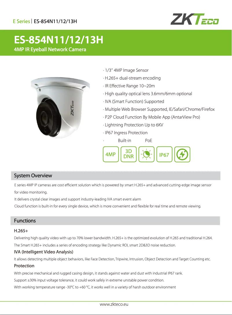 Page 1 de la notice Fiche technique ZKTeco ES-854N11