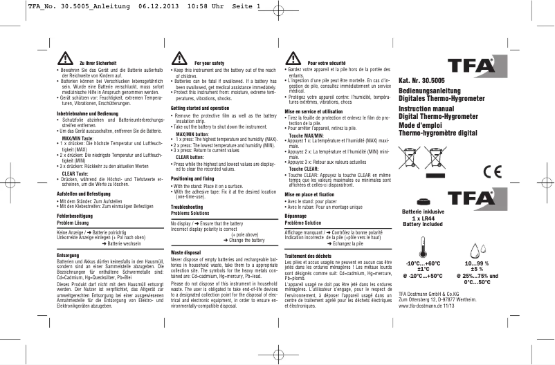 Page 1 de la notice Manuel utilisateur TFA 30.5005.01