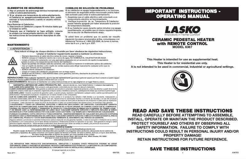 Page 1 de la notice Manuel utilisateur Lasko 6367
